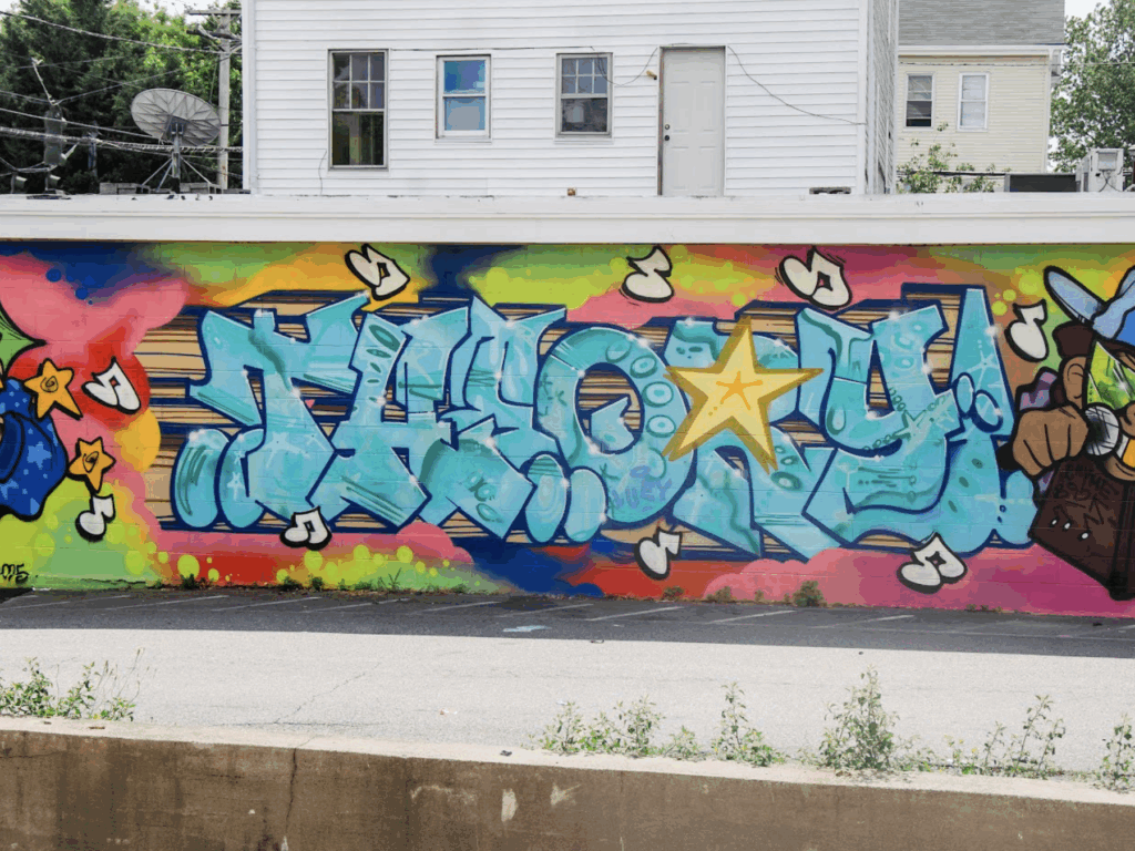 Image of public art installation Theory by artist Elie, located in Providence by the A to Z Liquors business on 319 Douglas Street, Provicence RI, joy, dialogue, The Avenue Concept